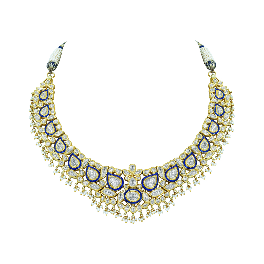 Polki Necklace with Blue Enamel and Layered Pearls